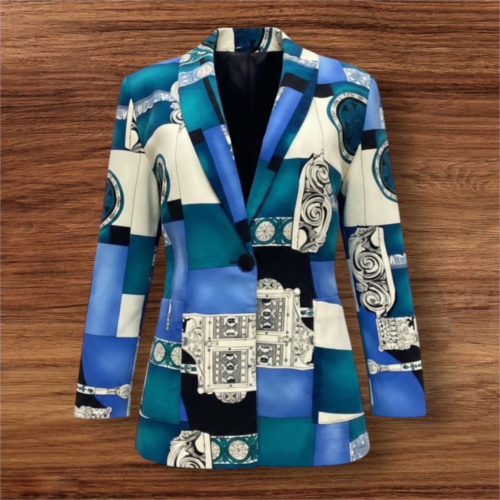 Kensington Square Vintage Blue Geometric Print Blazer Jacket Petite Small USA